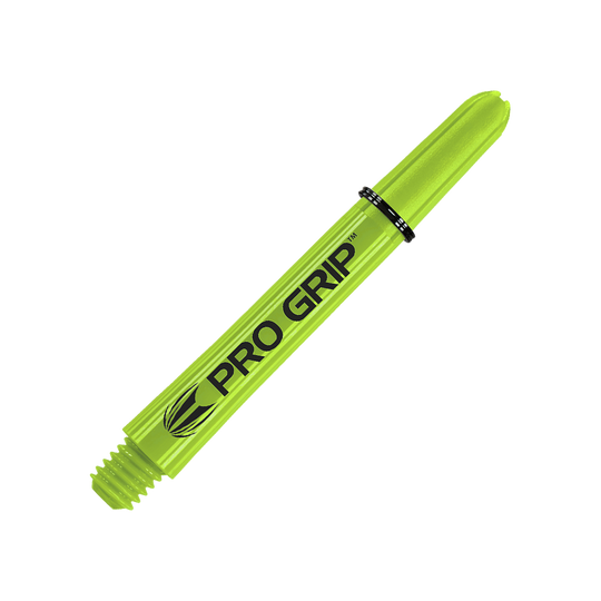 Target Pro Grip Shafts - 3 sets - Limoengroen Das Bild zeigt einen limegrünen Dart-Schaft mit der Aufschrift "PRO GRIP". Der Hintergrund ist passend in derselben Farbe gestaltet.