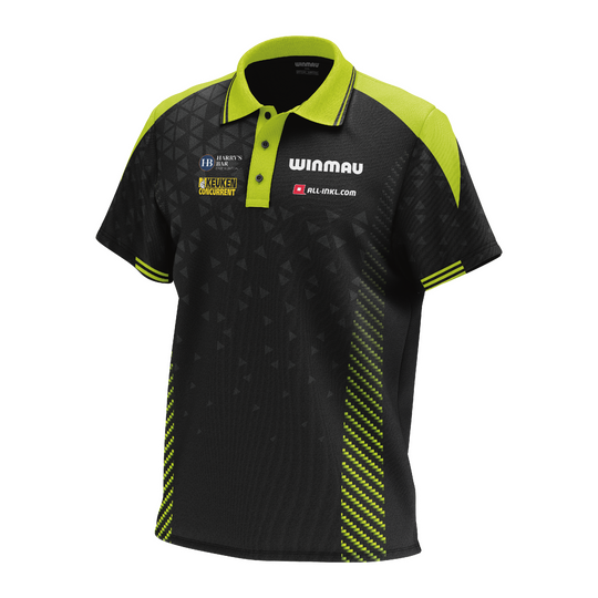 Winmau Michael Van Gerwen Stage poloshirt Das Bild zeigt das Winmau Michael Van Gerwen Stage Poloshirt. Es handelt sich um ein offizielles Poloshirt für Fans von Michael Van Gerwen.