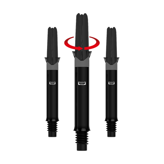 L-L-Style-Shafts Silent Straight - Zwart Das Bild zeigt drei schwarze Dartshafts ohne Kappen. Über dem mittleren Shaft befindet sich ein roter Pfeil, der eine Drehbewegung anzeigt.