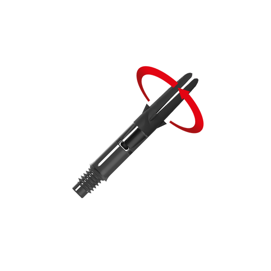 L-L-Style-Shaft Carbon Silent Straight - Zwart Das Bild zeigt einen schwarzen Dart-Schaft aus Carbon. Ein roter Pfeil deutet eine Drehbewegung auf den oberen Teil des Schafts an.