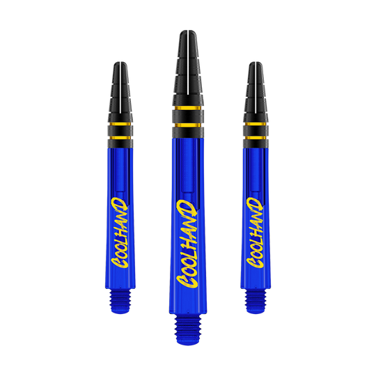 Red Dragon Nitrotech Luke Humphries Coolhand Shafts - Blauw Auf dem Bild sind drei blaue Dartshafts mit der gelben Aufschrift „COOLHAND“ zu sehen. Die oberen Enden der Shafts sind schwarz mit goldenen Ringen verziert.