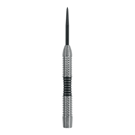 McDart Black Stripe 2 stalen dartvaten - 22g Das Bild zeigt einen silbernen Steeldart-Barrel mit einer schwarzen Griffzone in der Mitte. Es handelt sich um das Produkt "McDart Black Stripe 2 Steeldart-Barrels - 22g".