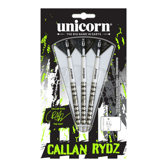 Unicorn Callan Rydz The Riot Phase 2 stalen darts Zu sehen ist ein weiterer Steeldart der Callan Rydz The Riot Phase2 Serie. Dieser Pfeil ist besonders robust und professionell verarbeitet.