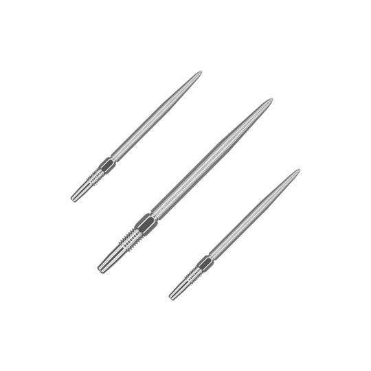 Target Swiss Point Nano Dartpunten - Zilver Das Bild zeigt drei silberne Dartspitzen in einer Reihe. Jede Spitze ist schlank und hat ein feines Gewinde am unteren Ende.