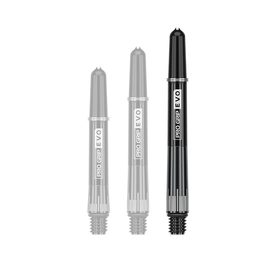 Auf dem Bild sind drei schwarze Dartschäfte in unterschiedlichen Längen zu sehen. Sie tragen die Aufschrift "PRO GRIP EVO" und sind aus Titan gefertigt.
