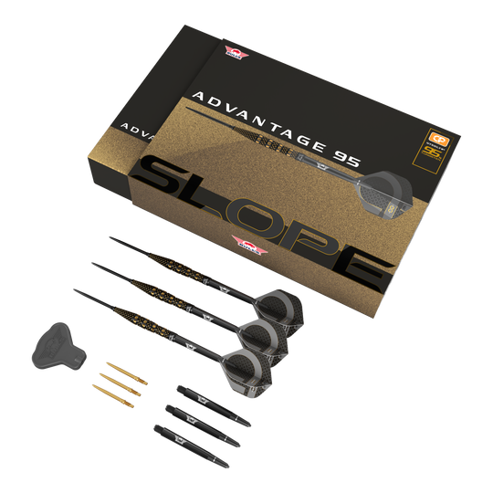 Bulls NL Advantage 95 Slope Convertible Point stalen dartpijlen Das Set Bulls NL Advantage 95 Slope Convertible Point Steeldarts ist abgebildet. Zu sehen sind mehrere Darts.