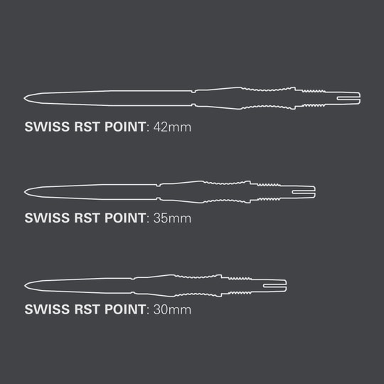 Target Swiss Point Dartpunten Signature RST - Zwart Auf diesem Bild werden die Target Swiss Point Dartspitzen Signature RST - Schwarz präsentiert. Sie sind als Zubehör für Dartspieler geeignet.