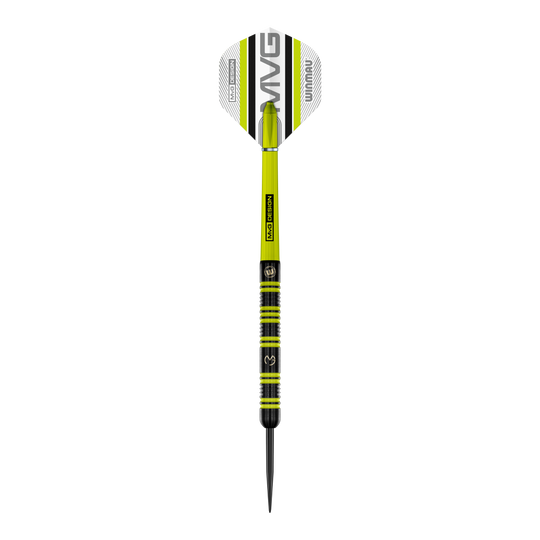 Winmau Michael Van Gerwen 85 Pro-Series stalen dartpijlen Auf dem Bild ist ein Winmau Michael Van Gerwen 85 Pro-Series Steeldart zu sehen. Der Dart hat ein modernes Design mit grünen und schwarzen Akzenten sowie der Aufschrift „MVG DESIGN“ auf dem Schaft.