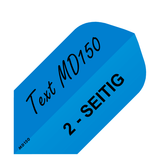 MD-256_2-Seitig_Bedruckte_Flights_Wunschtext_MD150_Blau_Slim_1 Das Bild zeigt ein blaues Dart-Flight mit der Aufschrift "Text MD150" und "2-SEITIG". In der unteren Ecke steht zusätzlich klein "MD150".