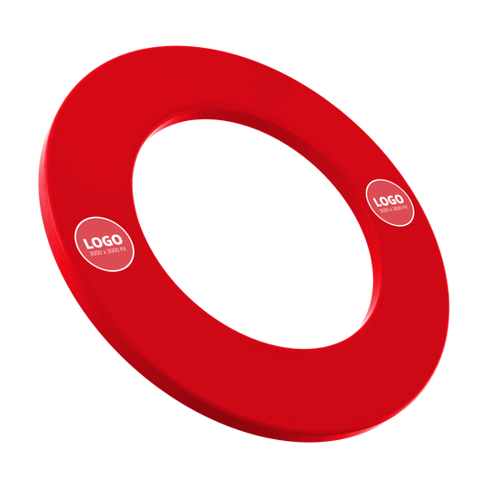 Dieses Bild zeigt das Produkt MC-2011_Dartboard_Surround_mit_Wunschdruck_Rot_Logo_3. Es ist wahrscheinlich eine Dartboard-Umrandung in Rot mit individuellem Logo.
