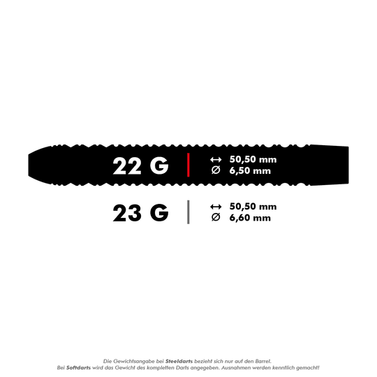 Target EXO SP01 Swiss Point stalen dartpijlen Das Bild zeigt die technischen Daten von Steeldarts mit 22 und 23 Gramm Gewicht. Die Länge beträgt bei beiden 50,50 mm, der Durchmesser ist 6,50 mm (22 g) bzw. 6,60 mm (23 g).