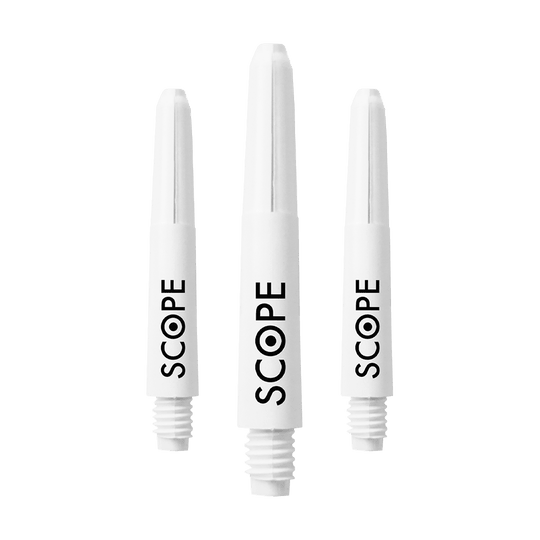 Das Bild zeigt drei weiße McDart Scope Nylon Shafts für Dartpfeile. Auf jedem Shaft steht das Wort "SCOPE" in schwarzer Schrift.