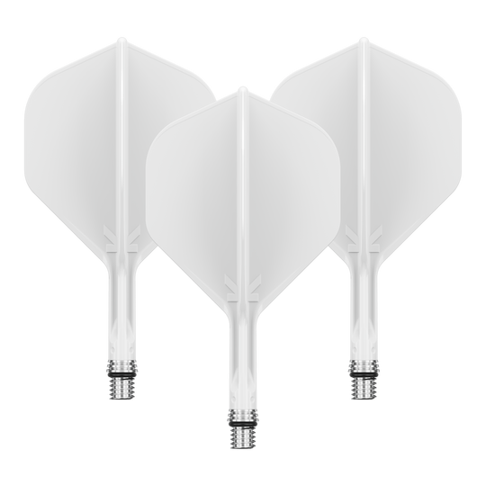 Target K-Shift No2 standaardvluchten - wit Dieses Bild zeigt ein Set aus weißen Dart Flights. Die Flights scheinen die Größe 19 mm zu haben.
