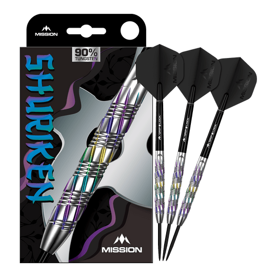 Mission Shuriken stalen pijlen Mission Shuriken Steeldarts sind professionelle Steeldarts. Das Bild zeigt das vollständige Set der Mission Shuriken Steeldarts.
