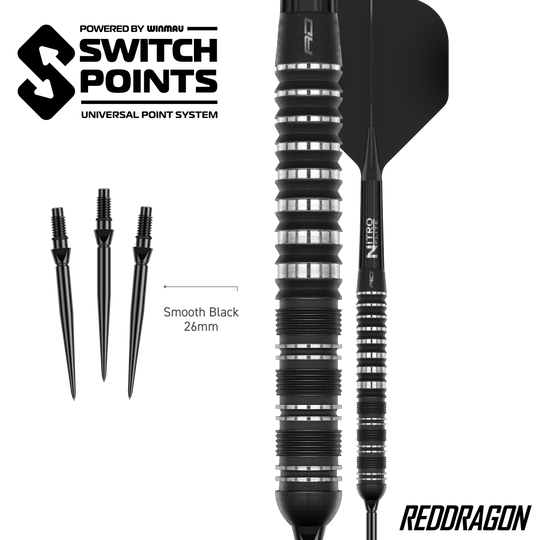 Abgebildet sind die Red Dragon Sable Parallel Switch Point Steeldarts. Präzision und gutes Design zeichnen diese Darts aus.