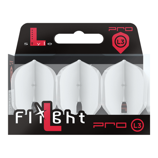 L-Style Champagne L3PRO Shape Flights Die Abbildung zeigt eine Packung mit drei weißen Dartflights der Marke L-Style. Die Verpackung ist schwarz und transparent und trägt die Aufschrift "Flight Pro L3".
