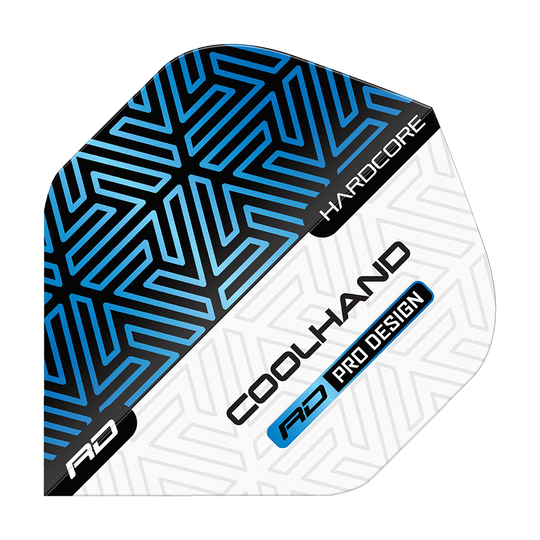 Red Dragon Hardcore Luke Humphries Blue White Premium Standaard Vluchten Das Bild zeigt ein Dartflight in Blau, Schwarz und Weiß mit geometrischem Muster. Auf dem Flight stehen die Wörter „HARDCORE“, „COOLHAND“ und „RD PRO DESIGN“.