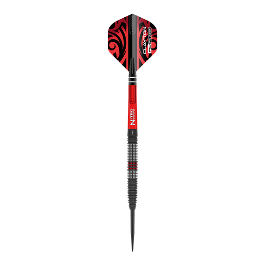 Red Dragon Jonny Clayton Hiraeth stalen dartpijlen Das Bild zeigt einen Red Dragon Jonny Clayton Hiraeth Steeldart. Der Dart ist in Schwarz und Rot gehalten und hat auffällige Muster auf den Flights.
