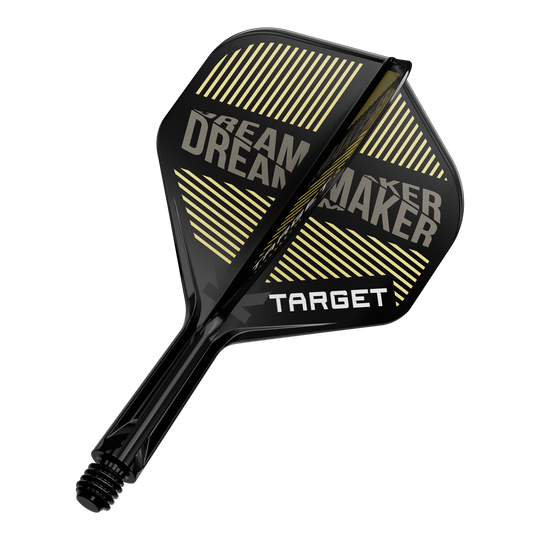 Target K-Flex Dimitri Van Den Bergh No2 Standaard Vluchtas Systeem Auf dem Bild ist ein schwarzer Dart-Flügel mit gelben Streifen und dem Schriftzug „DREAM MAKER“ zu sehen. Darauf steht außerdem das Wort „TARGET“ in weißen Buchstaben.