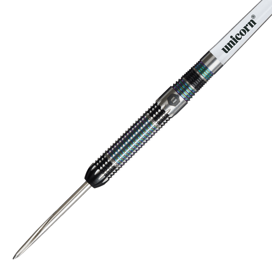 Unicorn Iris Steeldarts Das Bild zeigt einen Unicorn Iris Steeldart mit einer spitzen Metallspitze und einem geriffelten Griff. Auf dem Schaft steht der Markenname "unicorn".