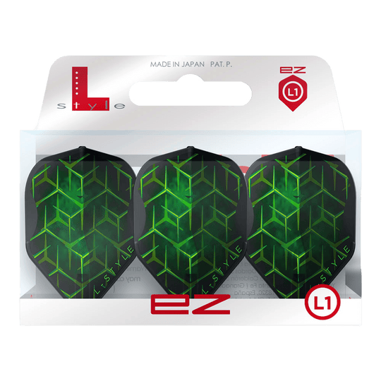 Zwei L-Style Lukas Wenig V1 Black L1EZ Flights liegen nebeneinander auf weißem Hintergrund. Die Flächen- und Kantengeometrie wird dargestellt.