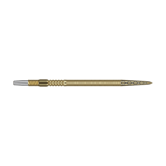 Target Swiss Point DX darttips - goud Das Bild zeigt eine goldene Dartspitze mit feinen Rillen und detailliertem Muster. Sie hat am Ende eine silberne Metallspitze.