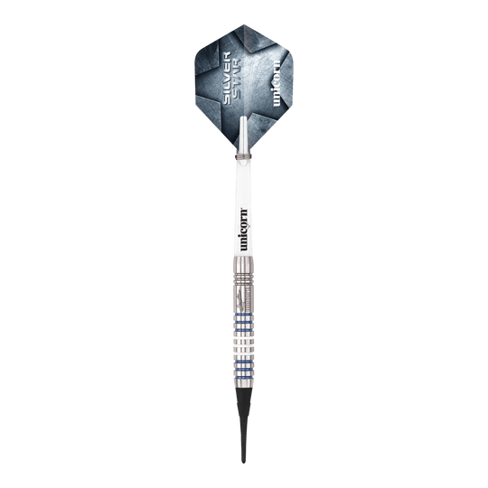 Unicorn Silver Star Var.3 Gary Anderson softdarts Hier sind die Unicorn Silver Star Var.3 Gary Anderson Softdarts zu sehen. Die silbernen Dartpfeile sind detailliert abgebildet.