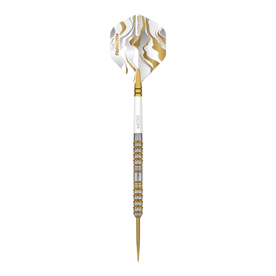 Auf dem Bild sind die Red Dragon Paradym Gold Parallel Steeldarts zu sehen. Diese Steeldarts zeichnen sich durch ihr paralleles Design und goldene Akzente aus.
