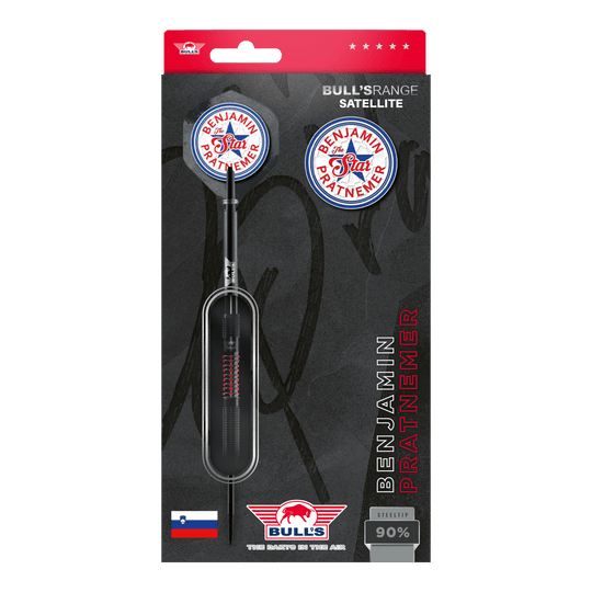 Das Bild zeigt die Verpackung der "Bulls NL Benjamin Pratnemer Steeldarts - 20g". Auf der Verpackung sind ein Dartpfeil, Ersatzflights und der Name Benjamin Pratnemer abgebildet.