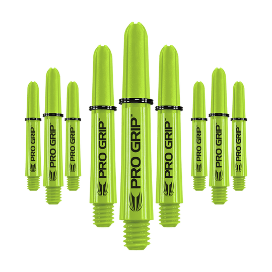 Target Pro Grip Shafts - 3 sets - Limoengroen Auf dem Bild sind mehrere limegrüne Pro Grip Dartschäfte zu sehen. Sie sind in drei Sets angeordnet und tragen die Aufschrift "PRO GRIP".