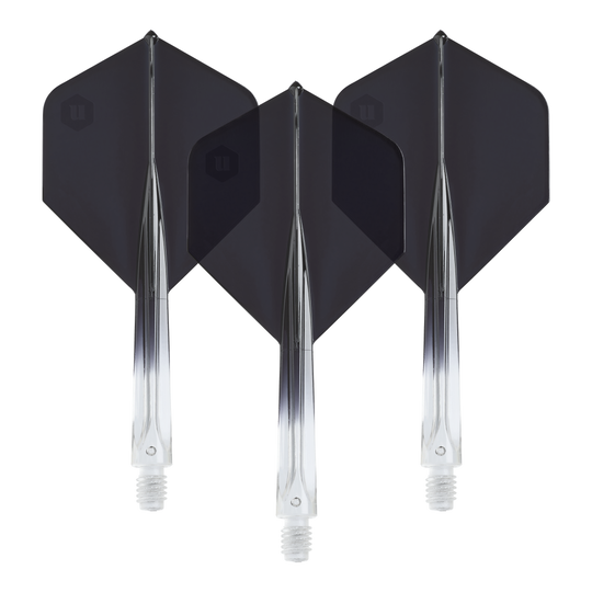 Unicorn Forge Two Tone No2 standaard flights - transparant zwart Die Unicorn Forge Two Tone No2 Standard Flights in Schwarz sind hier abgebildet. Das Produkt besteht aus klaren und schwarzen Dartflights.