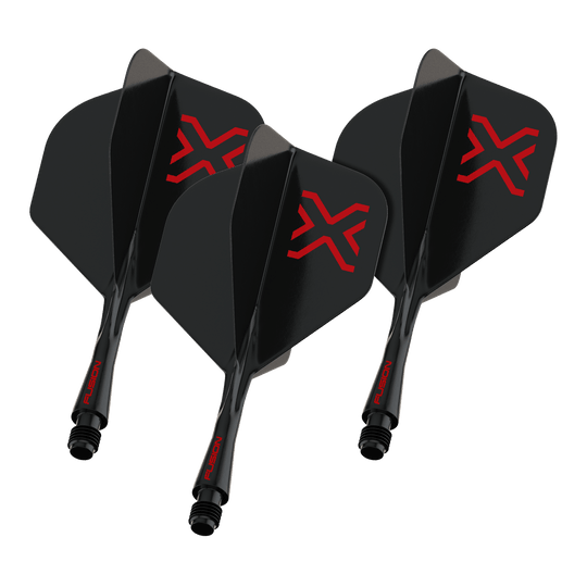 Winmau Fusion Blade X No2 standaard flight shaft systeem - zwart Das Foto zeigt einen Artikel namens 8863_Winmau_Fusion_Blade_X_No2_Standard_Flights_Schwarz_22mm_1Set. Vermutlich handelt es sich um ein Set schwarzer Dart-Flights der Größe 22mm.