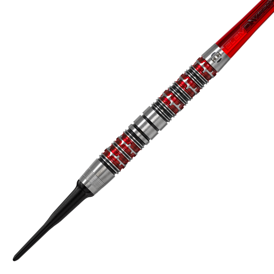 Dies ist ein Harrows Damon Heta Series 3 Softdart. Der Dartpfeil hat ein silbernes Griffstück mit roten Akzenten und einer schwarzen Spitze.