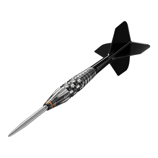Das Bild zeigt einen Steeldartpfeil mit schwarzer Spitze und schwarzen Flights, genannt "Target Japan Black Marque Dancing Duck GEN 4 Steeldarts". Der Dartpfeil hat ein silbernes, glänzendes Griffstück mit feinen Rillen und Gravuren.