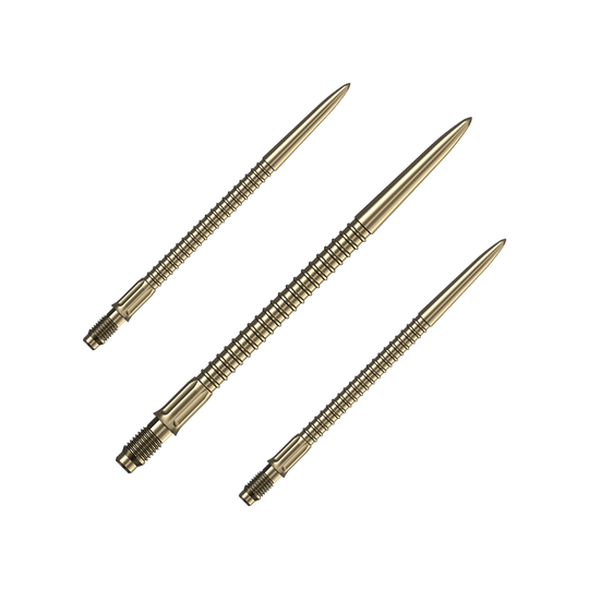Mission R2.5 Rapid Point GV1 Dartpunten - Goud Das Bild zeigt ein Set goldener Dartspitzen Mission R25 Rapid Point mit einer Länge von 40mm. Die Spitzen liegen nebeneinander auf einer hellen Fläche.