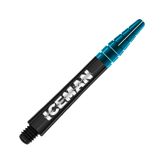 Das Bild zeigt einen schwarzen Dartshaft mit der Aufschrift „ICEMAN“. Das vordere Ende des Shafts ist transparent blau.