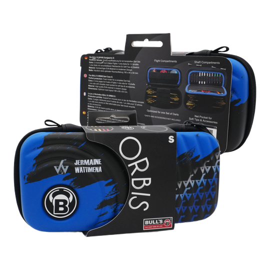 Das Bild zeigt das Produkt "Bulls Orbis S Jermaine Wattimena Dartcase" in blauer und schwarzer Farbe. Die Darttasche ist kompakt und eignet sich zum sicheren Aufbewahren von Dartzubehör.
