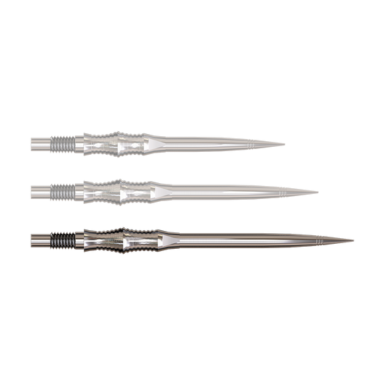 Harrows Quick Point Apex Spire Elite Series Dartspitzen - Silber Dartspitzen der Apex Spire Silver Elite Serie in 40mm werden gezeigt. Sie sind silbrig und glänzend.