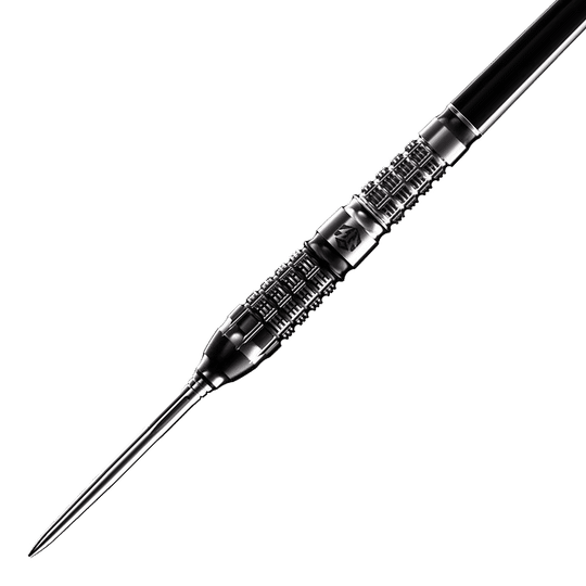 Das Bild zeigt einen Caliburn Sword S5 Steeldart mit einem Gewicht von 23,5g. Der Dartpfeil hat ein elegantes, schwarzes Design und eine strukturierte Griffzone.