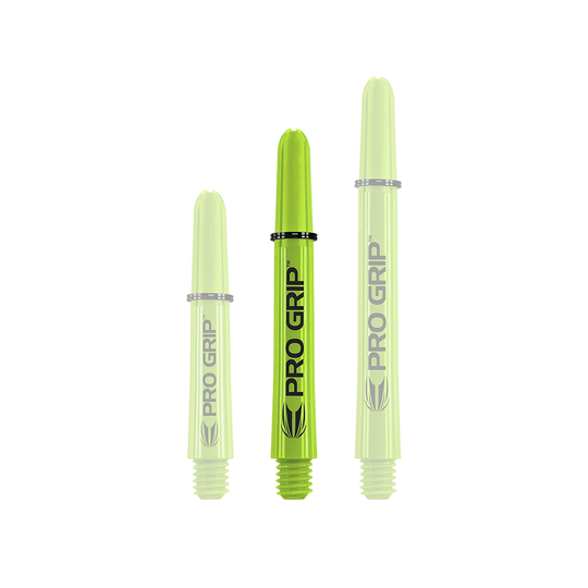 Target Pro Grip Shafts - 3 sets - Limoengroen Auf dem Bild sind drei limegrüne Pro Grip Dartschäfte in unterschiedlichen Längen zu sehen. Sie stehen nebeneinander und tragen alle den Schriftzug "PRO GRIP".