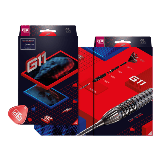 Auf dem Bild sind die Verpackungen der "Target Phil Taylor RAW Power 9Five GEN11 Swiss Point Steeldarts" zu sehen. Die Boxen sind modern gestaltet und zeigen sowohl den Produktnamen als auch ein Abbild des Dartpfeils.