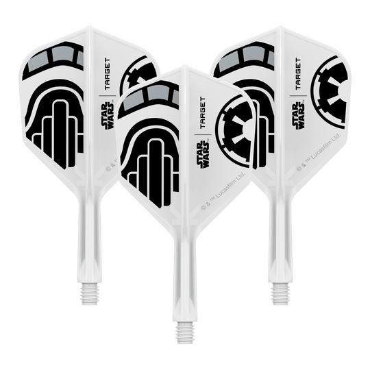 Ein Set von Dart-Flights der Star Wars KFlex Stormtrooper No6 Serie ist dargestellt. Die Flights sind kurz und 19 mm lang.