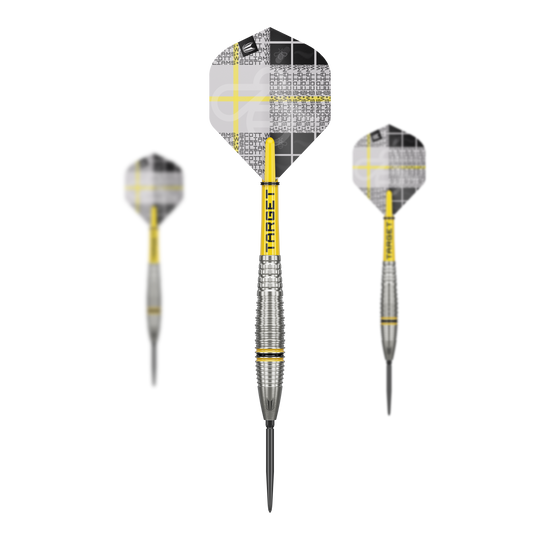 Target Scott Williams GEN2 Swiss Point steel darts Das Bild zeigt drei Target Scott Williams GEN2 Swiss Point Steeldarts mit silbernen Spitzen und gelben Akzenten. Die Flights haben ein auffälliges, gemustertes Design in Schwarz, Weiß und Gelb.