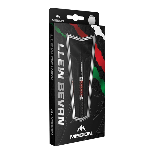 Mission Llew Bevan Zwart Rood Electro Steel Darts - 23g Mission Llew Bevan Black Red Electro Steeldarts - 23g. Elegante Steeldarts in Schwarz und Rot, ideal für Dartspieler.