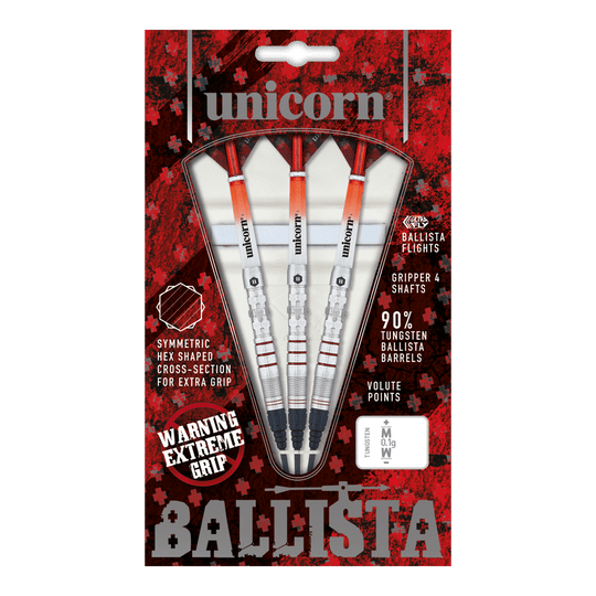 Unicorn Ballista Style 3 zachte darts Das Bild zeigt eine Packung "Unicorn Ballista Style 3 Softdarts" mit drei Dartpfeilen. Die Verpackung hebt das symmetrische Hex-Muster für zusätzlichen Grip und 90% Tungsten-Barrels hervor.