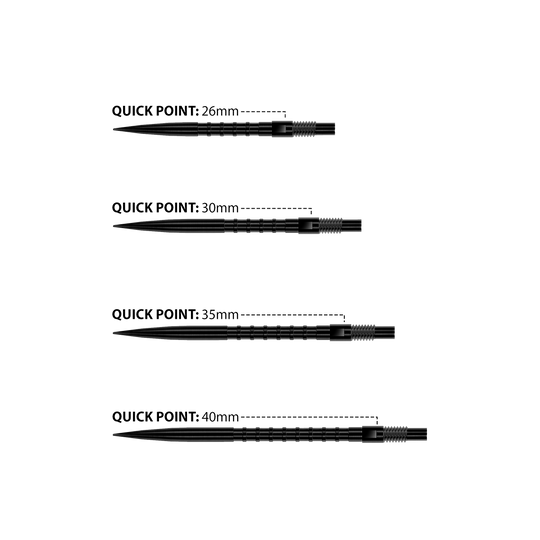Harrows Quick Point Heavy Metal Dart Tips - Zwart Das Bild zeigt Harrows Quick Point Heavy Metal Dartspitzen in Schwarz. Sie sind robust und für präzise Würfe geeignet.