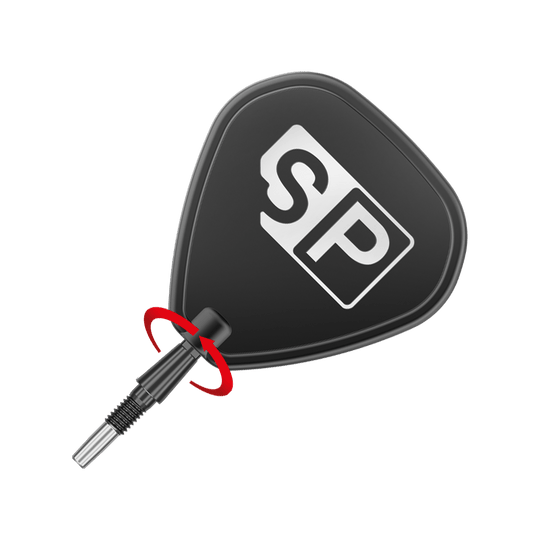 Target Swiss Point Storm Surge stalen dartpunten - zwart Das Bild zeigt eine schwarze Steeldartspitze mit dem weißen Aufdruck "SP". Eine rote Pfeilmarkierung deutet darauf hin, dass die Spitze gedreht oder geschraubt werden kann.