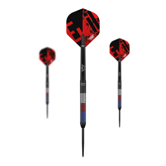 Die Abbildung zeigt die Bulls NL Karel Sedlacek E2 Steeldarts mit 24 Gramm. Der Dart ist deutlich und aus nächster Nähe zu sehen.