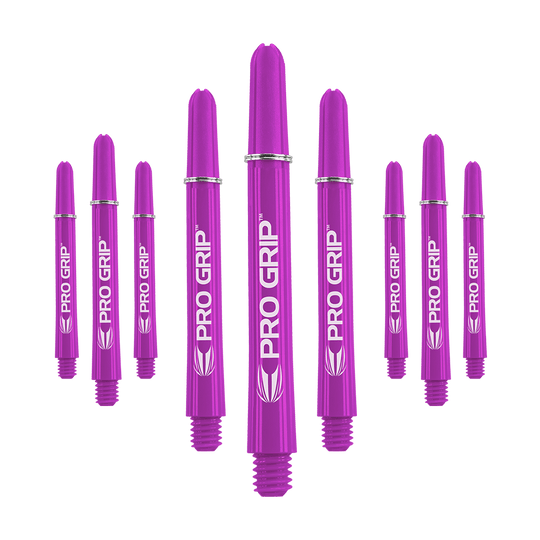 Target Pro Grip Shafts - 3 sets - Paars Das Bild zeigt neun lila Dartschäfte der Marke "Pro Grip". Sie sind in drei Gruppen angeordnet, jeweils drei in der Mitte, links und rechts.