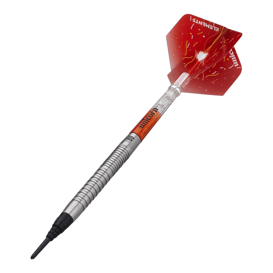 Unicorn Core XL Striker Style 1 zachte darts - 19g Das Bild zeigt einen Unicorn Core XL Striker Style 1 Softdart mit 19g Gewicht. Der Dart hat eine silberne, geriffelte Spitze und rote Flights mit einem auffälligen Design.